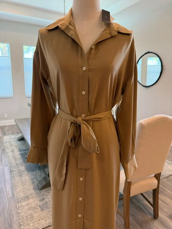 NWT! Banana Republic - Long-Sleeve Buttoned Long Shirt Dress in Champagne - Picture 2 of 3